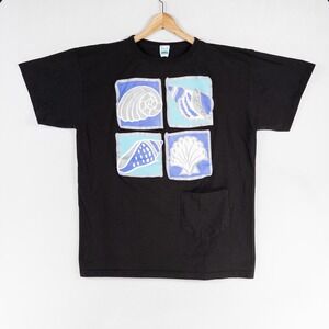 Vtg Beach Bound T-Shirt Women One Size Black Sea Shell Print Relaxed Cover Up
